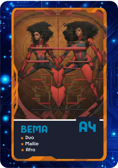 Carte BEMA, code A4. Attributs : duo, maille, afro.