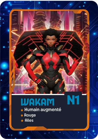 Carte WAKAM, code N1. Attributs : humain augmenté, rouge, ailes.