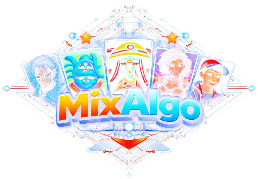 Logo MIXALGO : cinq cartes de personnages en éventail au centre d'un diamant lumineux.